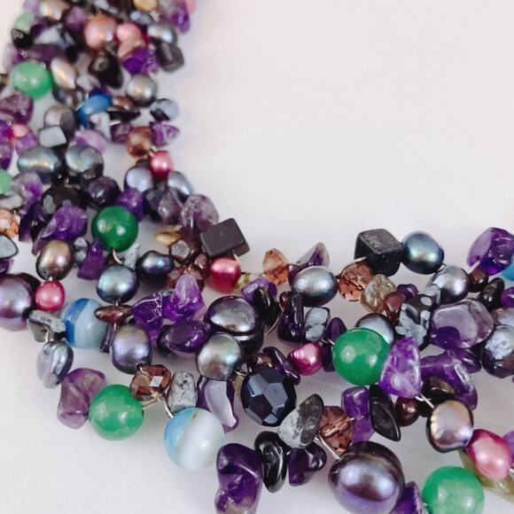 VTG Amethyst Jade Quartz Bib Necklace Mesh Collar Statement Boho Y2K Artisan - Picture 4 of 11